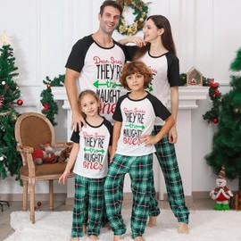 PYAEAS Christmas Pajamas for Family Matching Holiday PJ's Jammies Sets with Short Sleeve Tee and Pants Sleepwear Loungewear (Men, L, Green Plaid Ones)