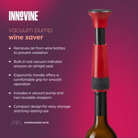 Innovine Vacuum Wine Saver, Includes Pump and 2 Reusable Stoppers, Durable Easy to Use Preserver for Wines, Home Bars, Restaurants, Collectors, 3-Piece Set, Raspberry