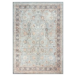 GLN Rugs Traditional Collection - Machine Washable Area Rug, Traditional Washable Rug, Non Slip Washable Rug, Low Pile Chenille Living Room Rug, Bedroom Rug, Kitchen Rug (6'x9' Blue Floral Rug)