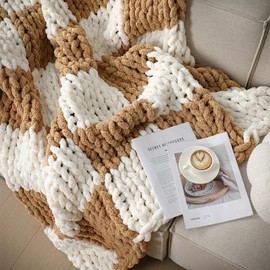 Tudomro Checkered Chunky Knit Throw Blanket for Couch 50 x 60 Inches Neutral Modern Decor 100% Hand Knitted Cozy Soft Large Rope Knot Crochet Blankets for Sofa Bed Living Room(Ivory and Brown)