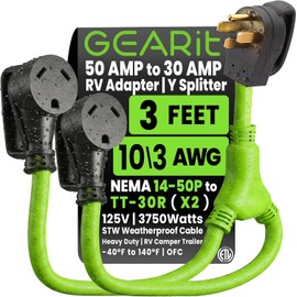 GearIT 50 Amp to 30 Amp RV Y Splitter Adapter Cord, NEMA 14-50P Male to x2 TT-30R Female Receptacle, 4-Prong to 3-Prong Power Cord - 3 Feet