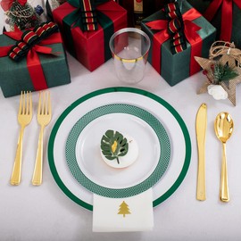 Ciaell 175PCS Green Plastic Plates - Green Party Plates include 25Dinner Plates, 25Dessert Plates, 25Knives, 25Forks, 25Spoons, 25Cups, 25Napkins Perfect for Christmas