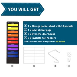 Annecy 10 Pockets Hanging Wall File Organizer, Black Storage Pocket Chart for File Folder and Paper, Space Saver for Office and Classroom, with Wall Hangers, Over The Door Hooks, Labels