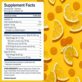 Wiley's Finest Gomitas veganas omega-3 para niños, azúcar natural, DHA, ALA y SDA vegetarianas, sin gluten, sabor a limón, 30 gomitas