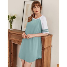 Ekouaer Cotton Nightgowns for Women Short Sleeve Night Gown Crew Neck Sleep Shirts Oversized Color Block Night Shirts Green Medium