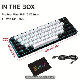 Snpurdiri 60% Wired Mechanical Gaming Keyboard, Ice Blue LED Backlit 61 Keys Mini Wired Office Keyboard For Windows Laptop PC Mac (Black-White, Red Switches)