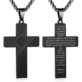 HSWYFCJY Black Canada Flag Cross Necklace for Men,Lord's Prayer Christian Scripture Bible Verse Holy Pendant Necklace First Communion Confirmation Gifts for Boys(22 inches)