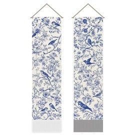 AHANDMAKER Pack of 2 Blue White Chinoiserie Tapestries with Flowers and Bird Motif Vertical Aesthetic Long Tapestry in Chinese Style for Bedroom and Living Room 13 x 51 Inches