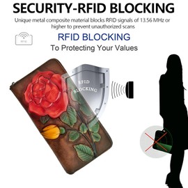 SHARPAD Wallet Genuine Leather for Women - with RFID Blocking Card checkbook ID Slot Large Capacity Vintage style (big rose coffee)