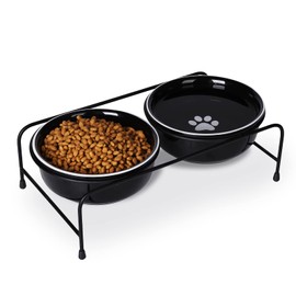 GDCZ Porcelain Raised Cat or Small Dog Bowls with Heighten Metal Stand and Non Slip Bottom 15 Ounces (Black)