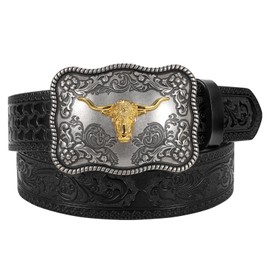 JASGOOD Western Leather Belt for Men Embossed Cowboy Cowgirl Leather Belt for Jeans Pants with Longhorn Bull Buckle