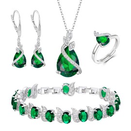 BriLove Wedding Jewelry Set for Bride Women, Teardrop Cubic Zirconia Crystal Pendant Necklace Leverback Earrings Tennis Bracelet Adjustable Ring Set Gift for Birthday Party Emerald Color Silver-Tone