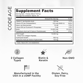 Codeage Codeage Marine Collagen Protein Powder Supplement Platinum - Biotin 10,000 mcg, Vitamin C, D3 & B6, Keratin, Hyaluronic Acid, Niacin, Wild Caught Hydrolyzed Fish Collagen Peptides - Non-GMO - 11.50 oz