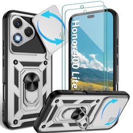 Jshru for Honor 400 Lite Case with Screen Protector,Built-in Camera Protection Cover and Ring Kickstand,Military Grade Shockproof Case for Honor 400 Lite,Silver