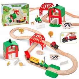 Farm Roller Coaster Wooden Railway Set for Toddlers, 42 Pieces Farm Theme Wooden Railway Toy for Kids, Boys and Girls from 3-7 Years