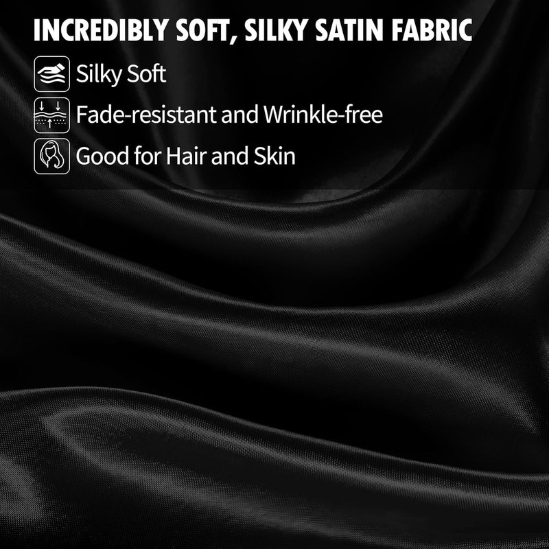 Silky Satin Fitted Sheet Classic Luxury Silky Soft Plain (Black,