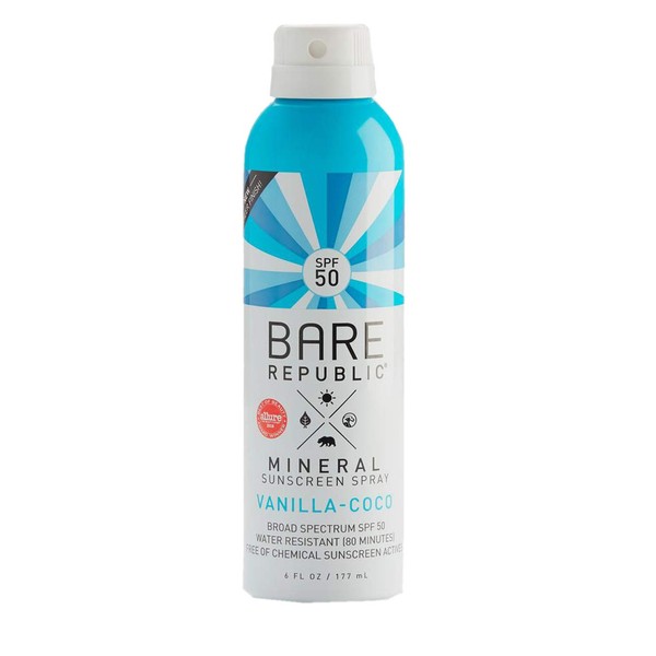Bare Republic Mineral spf 50 vanilla-coco sunscreen spray, Natural Vanilla Coconut, 6 Fluid Ounce, One Size, Blue