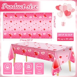 HOWAF 3pcs Valentine's Tablecloth, Valentines Disposable Plastic Table Cover for Happy Valentine's Party Decoration, Galentines Rectangle Waterproof Pink Love Heart Table Cloth,107’’x53’’