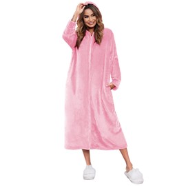Ekouaer Fleece Robes for Women Casual Long Plush Robe with Zipper Fluffy Robe Winter Warm Loungwear Dark Pink XXL