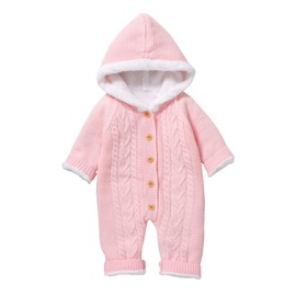 Newborn Baby Knit Jumpsuit With Hood, Infant Hooded Romper Long Sleeve One Piece Onesie Winter Knitted Overall Snowsuit