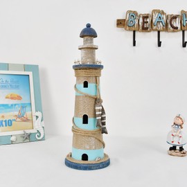 Wooden Lighthouse Decoration with Lights Nautical Tabletop Centerpiece Decorative Tower Light Ocean Beach Themed Sculpture Indoor Outdoor Wood Coastal Decor for Party Mantel Table (17.5"H Teal)