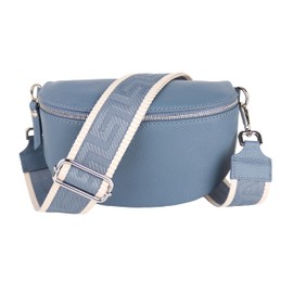 MIRROSI® Women's Bum Bag, Genuine Leather, Made in Italy, Shoulder Bag, Chest Bag, Crossbody Bag (1 Bag & 2 Straps), Denim blue (plain denim blue beige), bohemian