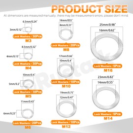 Rustark 160Pcs 9 Sizes 304 Stainless Steel Double Side Lock Washers Silver Tooth Lock Washer Metric Wedge Lock Washer Vibration Resistant Safety Washers for Construction Railway