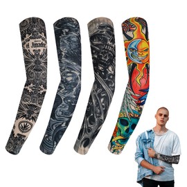 BBTO 4 Pieces Tattoo Sleeves for Men Fake Temporary Tattoo Sleeves Kids Nylon Arm Tattoo Sleeves Arm Sunscreen Sleeves Stockings Woman Art Fancy Dress Party (Classic Style)