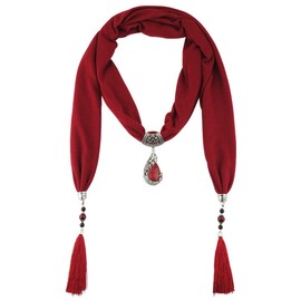 GOGNGTR Vintage Polyester Scarf Alloy Resin Gem Pendant Women's Necklace Jewelry Scarves(sc0021) (Burgundy)