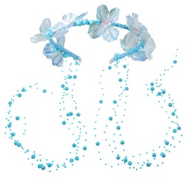 PartyforU Blue Fairy Headband for Women - Bohemian Flower Headpiece with Pearl Vines for Bride Wedding Bridal Shower, Floral Hairband for Party Fairy Accessories