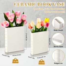 Vesici 2 Pcs Ceramic Book Shape Vase for Flowers Cute Bookshelf Decor Vase for Book Lovers Gifts Unique Vases Home Decor for Bookshelf Dining Table Office Home(White)