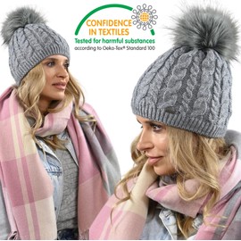 Alur Women's Beanie Winter Hat Knitted Hat with Bobble - Warm Elastic Elegant Winter Hat EKO Bobble Hat - Soft Yarn Stylish Universal Warm, Grey (grey 2)