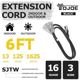 YOJOE 3-Outlets Indoor Outdoor Extension Cord with Lighted End, 3 Prong 13A Weatherproof Power Cord, 16 Gauge Heavy Duty 6 ft Black Extension Cord Multiple Outlets, 16/3 SJTW UL Listed