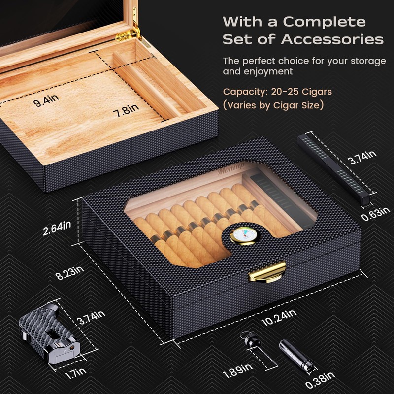 Cigar Humidor, Cedarwood Lined, with V-Cut Cigar Torch Lighter, Draw