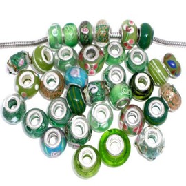 Ten (10) Assorted Green Glass Lampwork,murano Glass Beads for European Style Bracelets