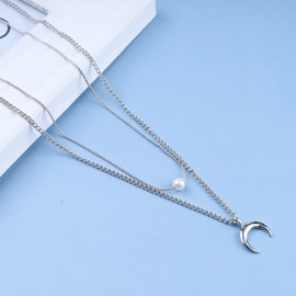 TseenYi Silver Layered Necklace Crescent Moon Pendant Necklace Vintage Pearl Choker Necklaces Jewellery for Women and Girls Gifts