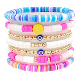 Heishi Surfer Bracelets Set,Colorful Preppy Bracelet Smile Heart Star Stretch Beaded Bracelets Evil Eye Beaded Bracelets Stackable Boho Y2K Pearl Bracelets Set Clay Polymer Bead Aesthetic Bracelets Summer Beach Layering Bracelet Jewelry for Women Girls (
