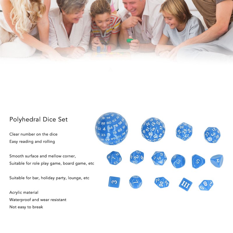 15pcs Complete Polyhedral Dice Set Acrylic D3 to D100 Spherical
