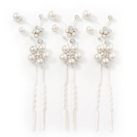 Bridal/Wedding/Prom/Party Set Of 3 Rhodium Plated Simulated Pearl, Crystal Flower Hair Pins