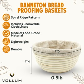 Vollum Banneton Bread Proofing Basket Sourdough Proofing Basket for Beginners & Professional Bakers, Handwoven Rattan Cane Bread Maker with Linen for Artisan Breads, 7 x 4 Inch, 0.5-Pound Round