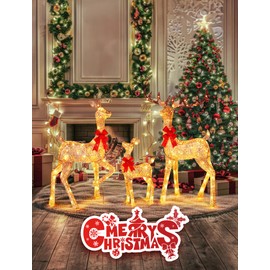 Brightown 60in 3-Piece 3D Lighted Christmas Deer Family Set, Outdoor Christmas Decorations with 210LED Lights, Pre-lit Reindeer Decor for Xmas Front Door Indoor Outside Yard Lighted Holiday Displays
