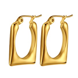 Flongo Women's Gold Chunky Earrings: Thick Rectangular Square Geometric Stud Earrings Small Hoop Huggie Chunky Folding Hoop Earrings Stainless Steel Gold-Plated Statement Earrings Dupes Fashion