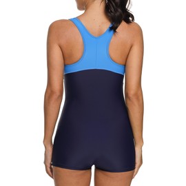 CharmLeaks Women Competitive Professional Swimsuit Lap Swimming Modest 1 Piece Swimsuit Boyleg Black Navy M