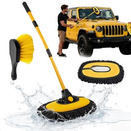 Cepillo para Lavar Carros con Mango Largo, 15° Curvado. Kit de Limpieza para Auto con Barra Extensible 50-120cm. Ideal para Exteriores, Camionetas, Techos, Cristales, Barcos y Uso Doméstico. (A)