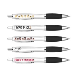 DV DESIGN 5 x Pugs Black Pens - Dogs Pets Puppy Pun Funny Animal Stationary Equipment School Teacher Friend Girls Boys Birthday Set #81316