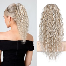 FLUFYMOOZ Ponytail Extension, 22 Inch Bohemian Style Drawstring Ponytail Hair Extensions for Women, Long Curly Wavy Ponytail Natural Synthetic Hairpiece for Women (22 Inch Light Blonde with White Blonde Highlight)