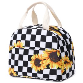 Lunch Bag for Women Girls, Reusable Insulated Picnic Tote Bags for Adults Kids Work School Hiking Beach (Checkered Sunflower)