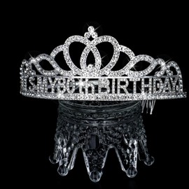 BAHABY 80th Birthday Decorations - Silver Sash & Crowns for Women's 80th Birthday Gifts