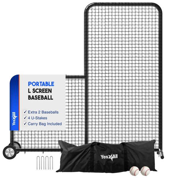 Yes4All Portable L-Screen Baseball 7x7ft with 2 Baseballs, Rubber Wheels
