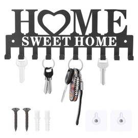 1 Pack Key Holder Wall Mount with Home Sweet Home Sign, Wall Key Hooks No Drill Keys Rack with 2 Crews for Secure Installation, Keys Hangers for Home Kitchen Wall Decoration (Black)